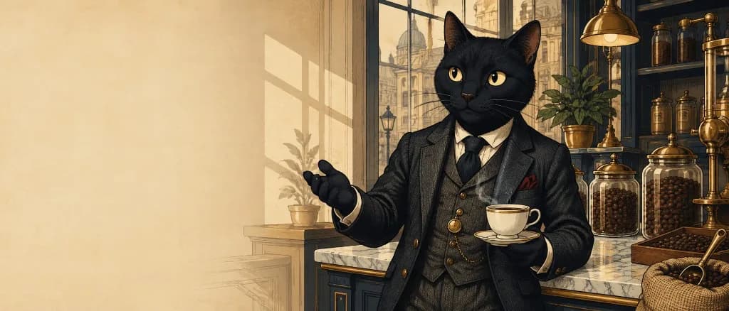 Thirteen, a black cat in a tailored suit, stands behind a coffee counter holding a cup and gesturing into the room.