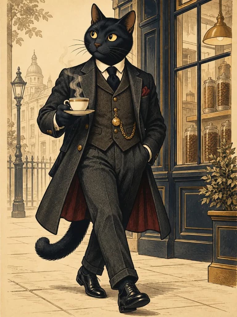Thirteen, a black cat in a suit and long overcoat, walks a city street carrying a cup of coffee.