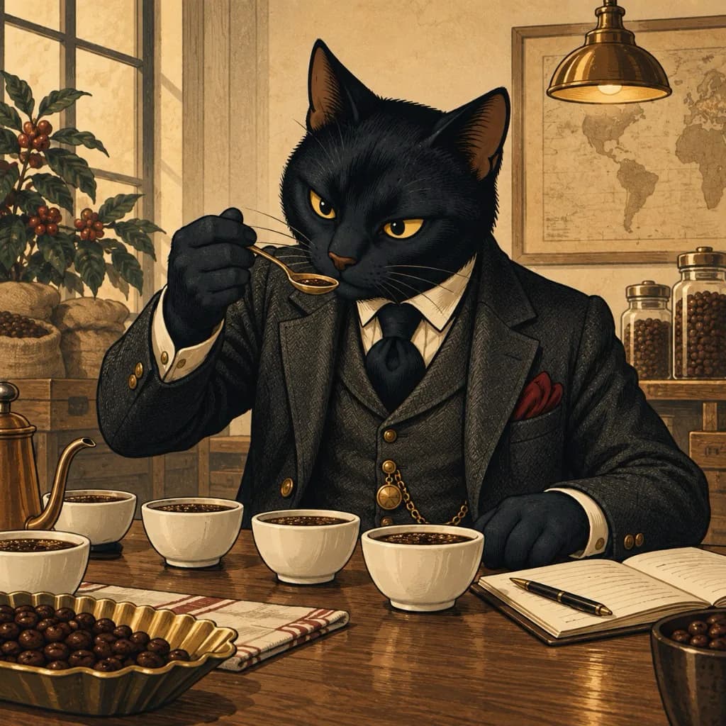Thirteen tastes from a row of coffee cups at a wooden table, with a notebook and a world map beside him.
