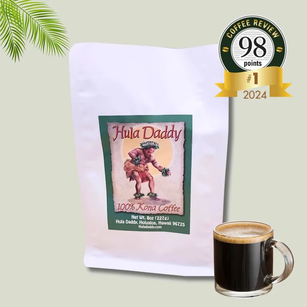 Hula Daddy Kahiko Orange, 8 oz bag of 100% Kona coffee, with a glass mug of coffee